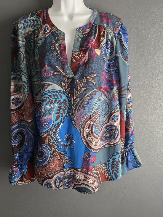 Zac & Rachel Tops - Zac & Rachel Split Neck Earthy Boho Chic Paisley Blouse L